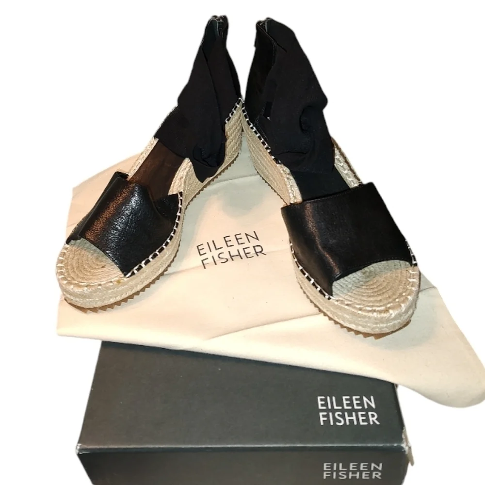 Eileen Fisher Wiley Black Wedge Espadrille Sandals